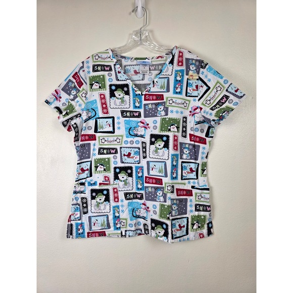 SB Scrubs Tops - SB Scrubs Scrub Top Womens M Multicolor Winter Snowman Penguin Christmas Holiday